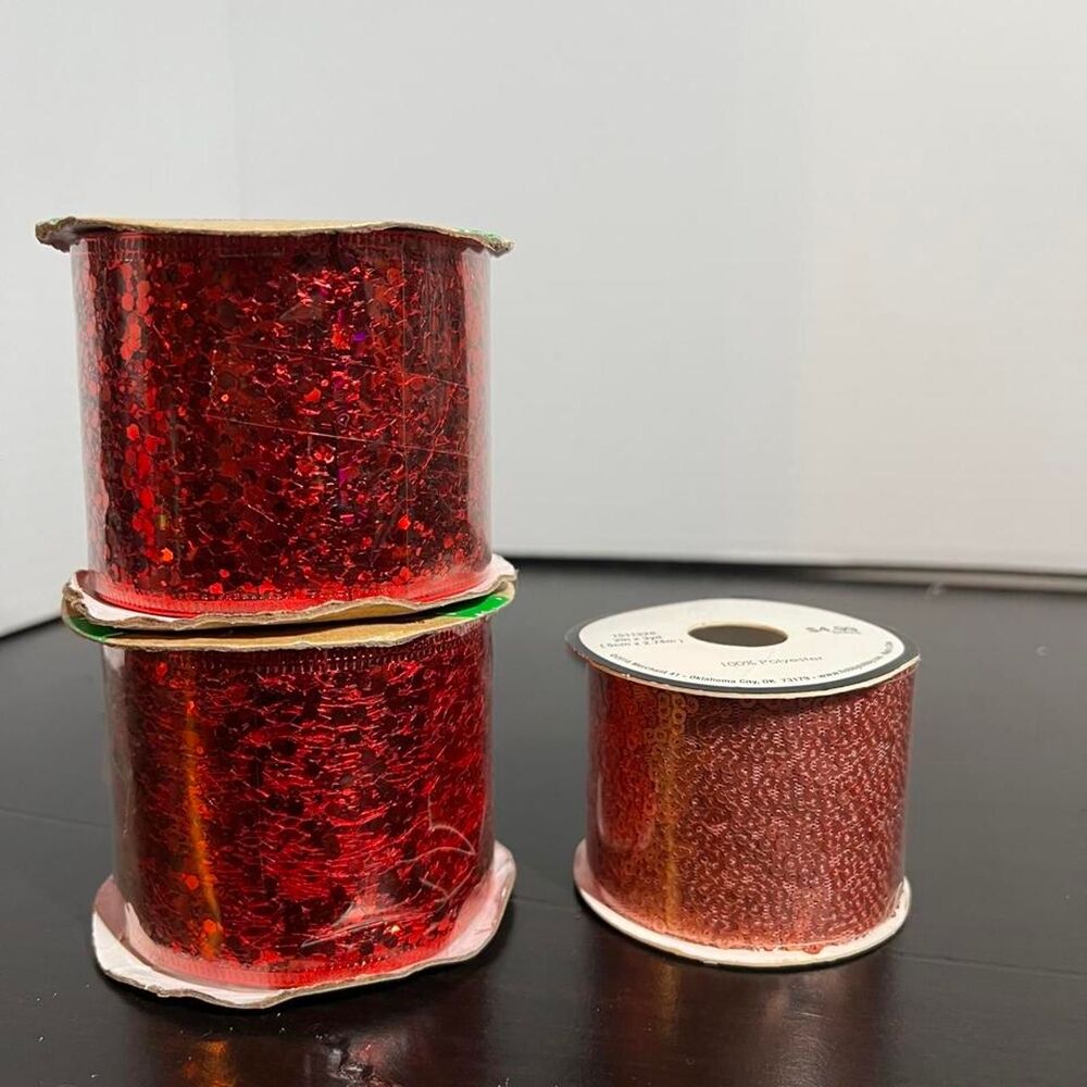 Christmas Craft Ribbon Lot Crafter's Square Red Glitter & Hobby Lobby Sequin 3yd